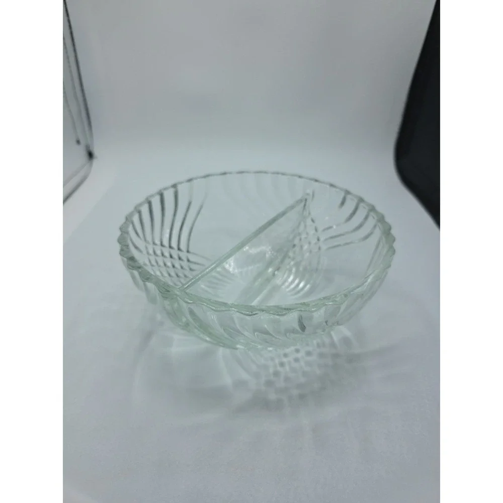 Tiara Trillium Divided Bowl Clear Criss Cross Glass Serving Dish 6.5